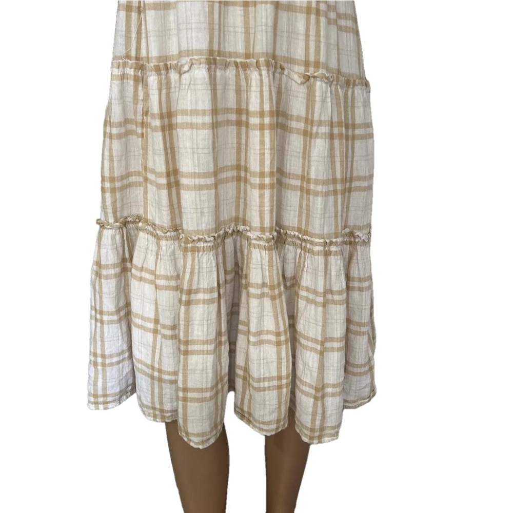 American Eagle M Smocked Linen Blend Dress White Tan Beige Plaid Ruffle … - Picture 3 of 7